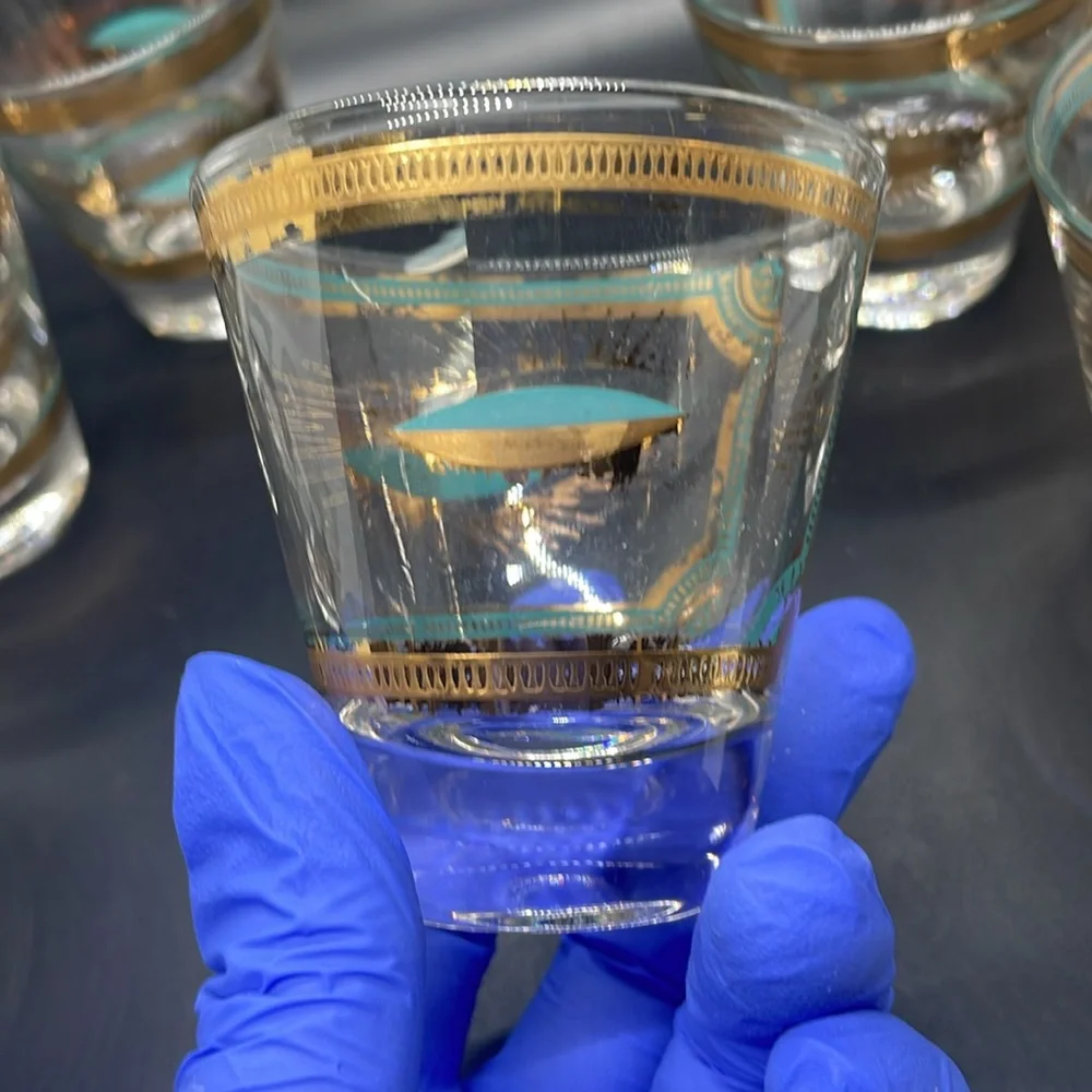 Vintage 60’s Fred Press Trojan Horse 22k Gold Turquoise 8 Pc MCM Barware Set